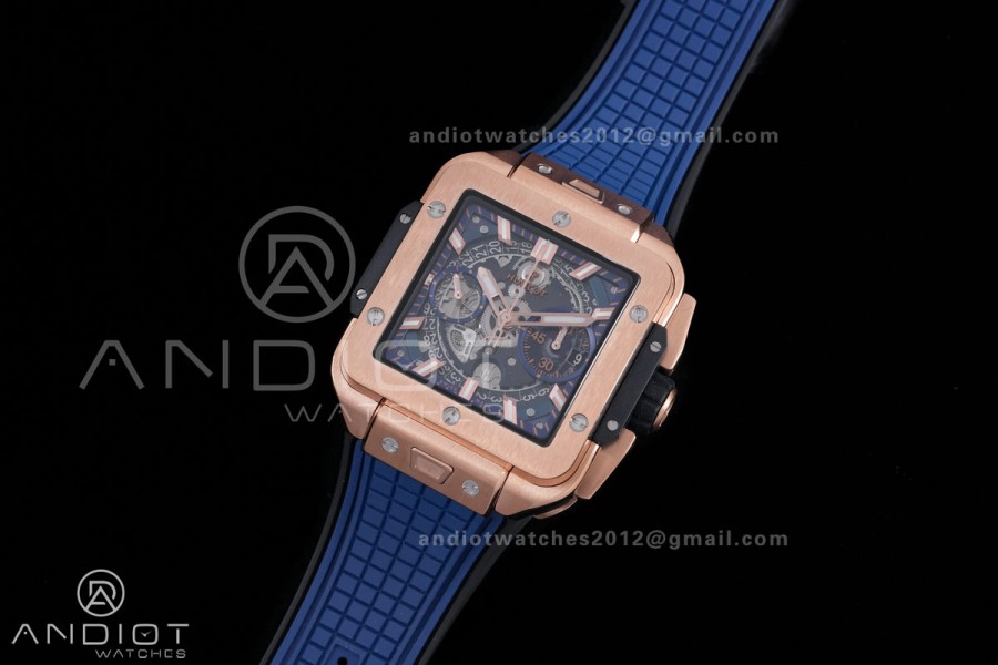 Square Bang Unico 42mm RG BBF 1:1 Best Edition Blue Skeleton Dial on Blue Rubber Strap A1280