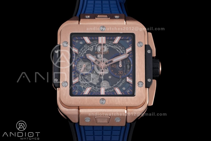 Square Bang Unico 42mm RG BBF 1:1 Best Edition Blue Skeleton Dial on Blue Rubber Strap A1280