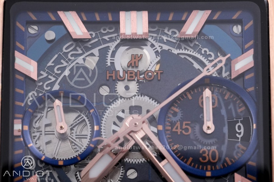Square Bang Unico 42mm RG BBF 1:1 Best Edition Blue Skeleton Dial on Blue Rubber Strap A1280