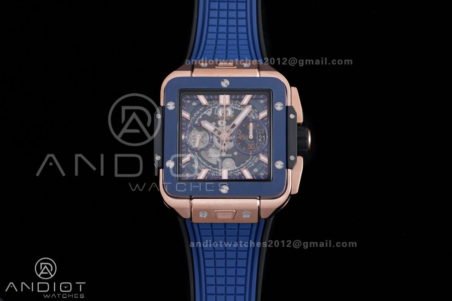 Square Bang Unico 42mm RG Blue Ceramic Bezel BBF 1:1 Best Edition Skeleton Dial on Blue Rubber Strap A1280