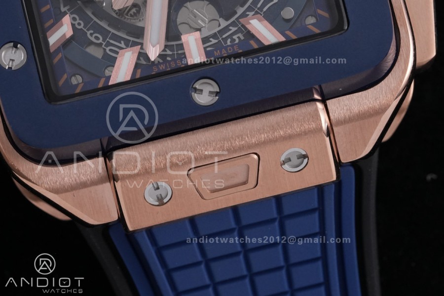 Square Bang Unico 42mm RG Blue Ceramic Bezel BBF 1:1 Best Edition Skeleton Dial on Blue Rubber Strap A1280