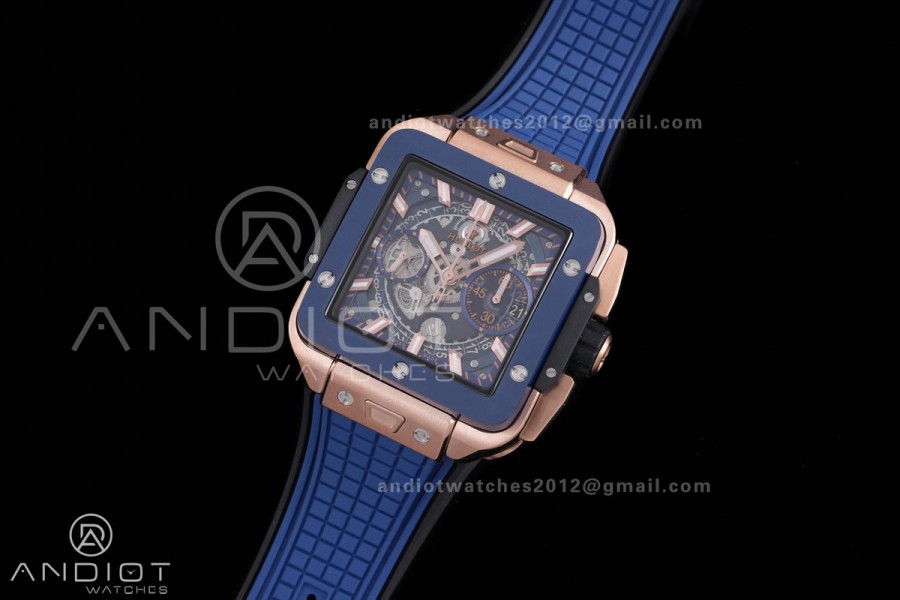 Square Bang Unico 42mm RG Blue Ceramic Bezel BBF 1:1 Best Edition Skeleton Dial on Blue Rubber Strap A1280