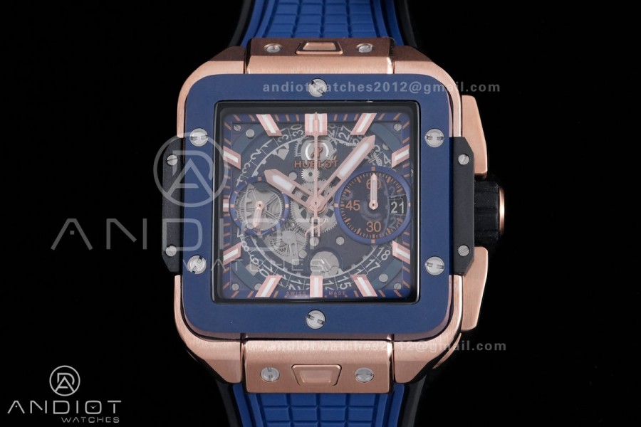 Square Bang Unico 42mm RG Blue Ceramic Bezel BBF 1:1 Best Edition Skeleton Dial on Blue Rubber Strap A1280