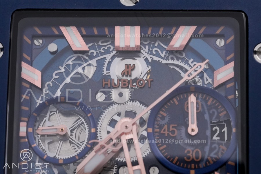 Square Bang Unico 42mm RG Blue Ceramic Bezel BBF 1:1 Best Edition Skeleton Dial on Blue Rubber Strap A1280