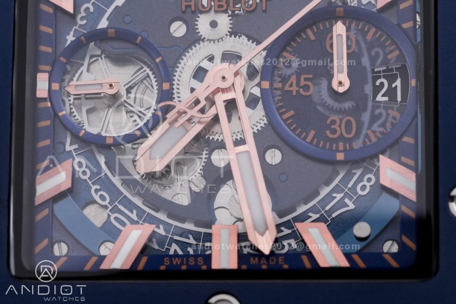 Square Bang Unico 42mm RG Blue Ceramic Bezel BBF 1:1 Best Edition Skeleton Dial on Blue Rubber Strap A1280