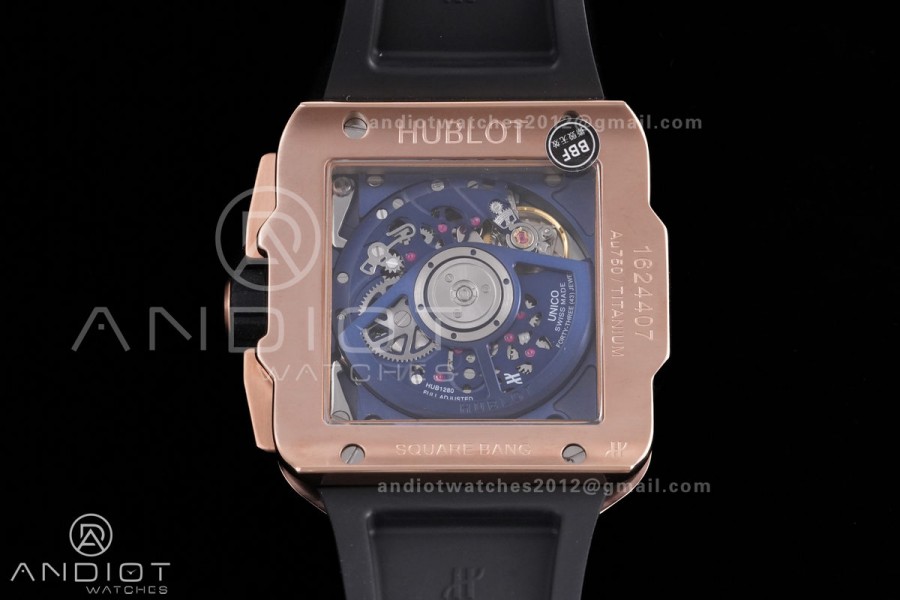 Square Bang Unico 42mm RG Blue Ceramic Bezel BBF 1:1 Best Edition Skeleton Dial on Blue Rubber Strap A1280