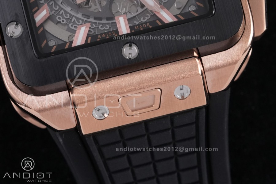 Square Bang Unico 42mm RG BBF 1:1 Best Edition Skeleton Dial Ceramic Bezel on Black Rubber Strap A1280