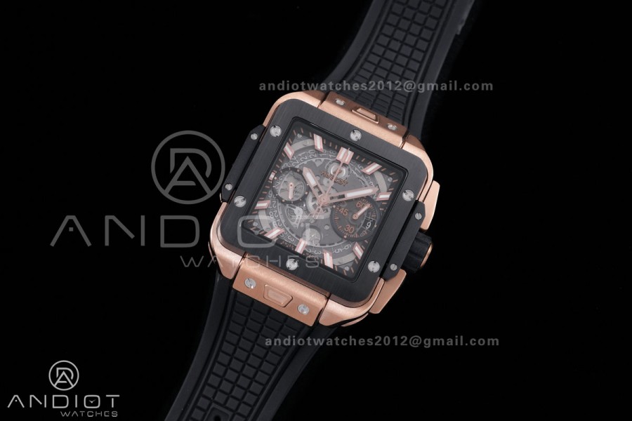 Square Bang Unico 42mm RG BBF 1:1 Best Edition Skeleton Dial Ceramic Bezel on Black Rubber Strap A1280