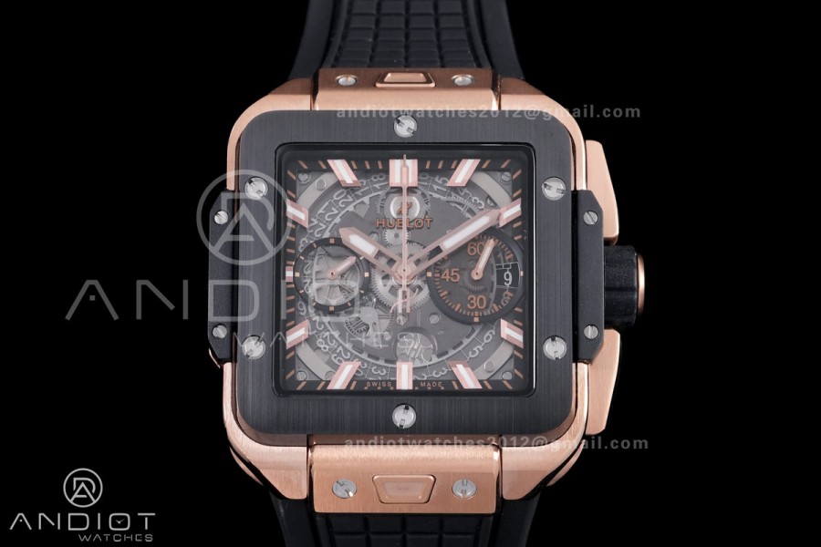 Square Bang Unico 42mm RG BBF 1:1 Best Edition Skeleton Dial Ceramic Bezel on Black Rubber Strap A1280