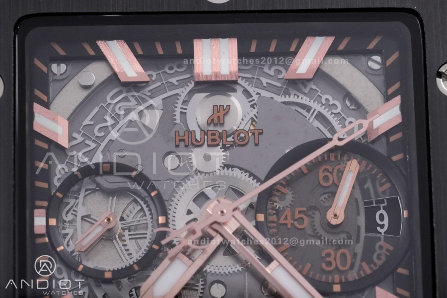 Square Bang Unico 42mm RG BBF 1:1 Best Edition Skeleton Dial Ceramic Bezel on Black Rubber Strap A1280