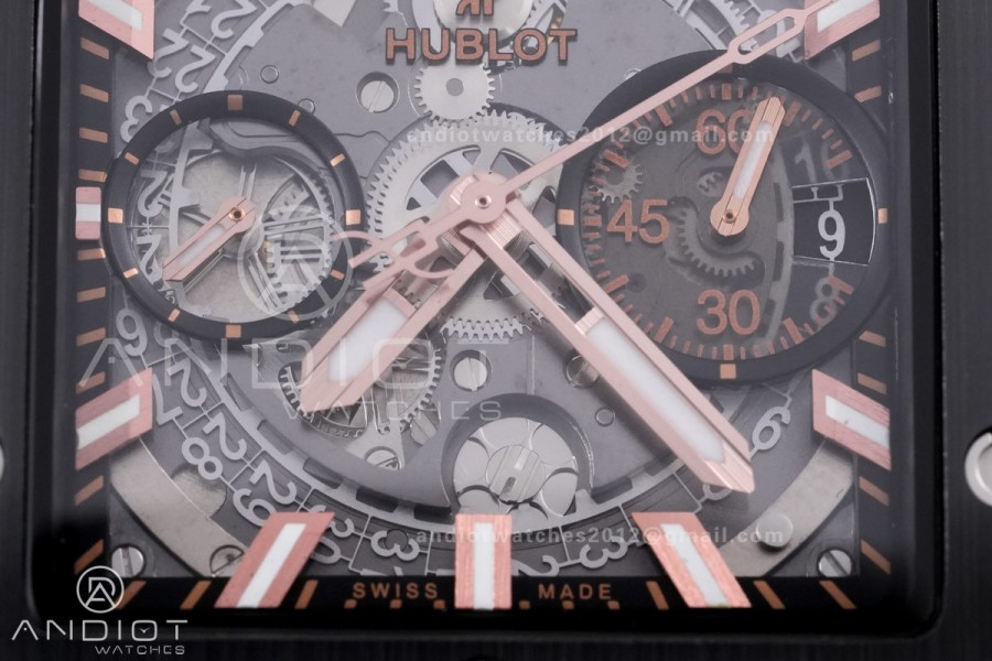 Square Bang Unico 42mm RG BBF 1:1 Best Edition Skeleton Dial Ceramic Bezel on Black Rubber Strap A1280