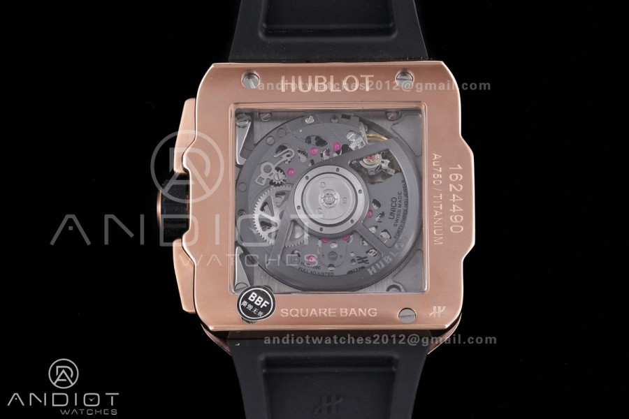 Square Bang Unico 42mm RG BBF 1:1 Best Edition Skeleton Dial Ceramic Bezel on Black Rubber Strap A1280