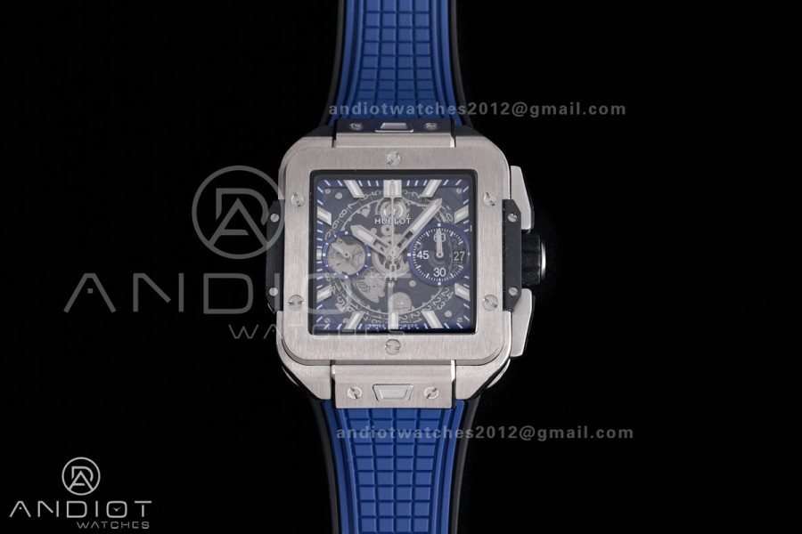 Square Bang Unico 42mm Titanium BBF 1:1 Best Edition Blue Skeleton Dial on Blue Rubber Strap A1280
