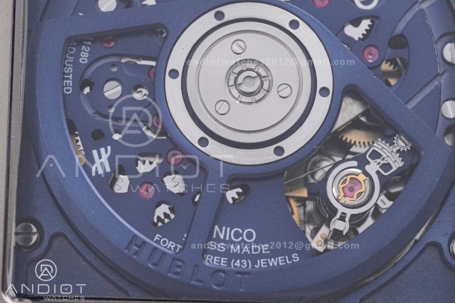 Square Bang Unico 42mm Titanium BBF 1:1 Best Edition Blue Skeleton Dial on Blue Rubber Strap A1280