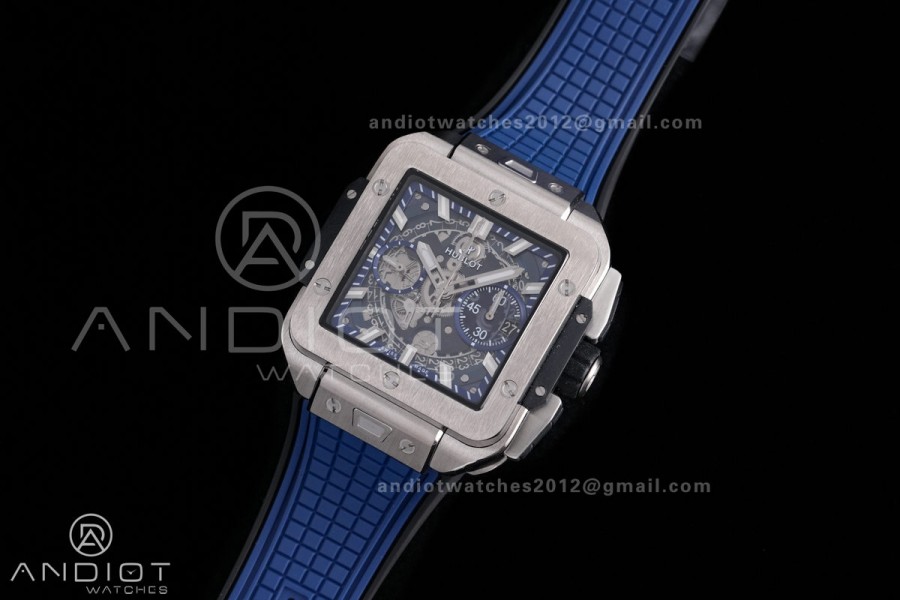 Square Bang Unico 42mm Titanium BBF 1:1 Best Edition Blue Skeleton Dial on Blue Rubber Strap A1280