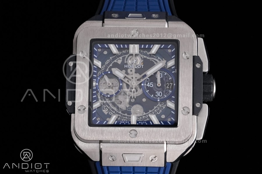Square Bang Unico 42mm Titanium BBF 1:1 Best Edition Blue Skeleton Dial on Blue Rubber Strap A1280