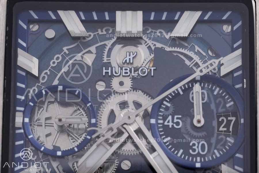 Square Bang Unico 42mm Titanium BBF 1:1 Best Edition Blue Skeleton Dial on Blue Rubber Strap A1280