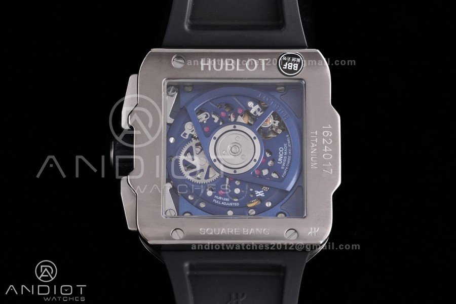 Square Bang Unico 42mm Titanium BBF 1:1 Best Edition Blue Skeleton Dial on Blue Rubber Strap A1280