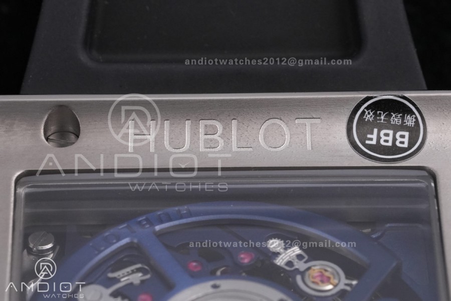 Square Bang Unico 42mm Titanium Blue Ceramic Bezel BBF 1:1 Best Edition Skeleton Dial on Blue Rubber Strap A1280