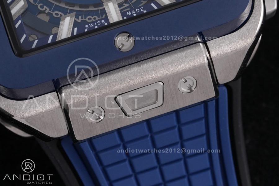 Square Bang Unico 42mm Titanium Blue Ceramic Bezel BBF 1:1 Best Edition Skeleton Dial on Blue Rubber Strap A1280