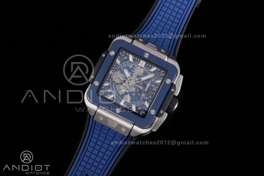Square Bang Unico 42mm Titanium Blue Ceramic Bezel BBF 1:1 Best Edition Skeleton Dial on Blue Rubber Strap A1280