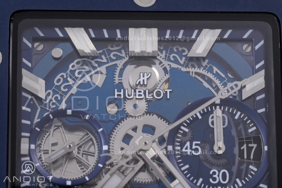 Square Bang Unico 42mm Titanium Blue Ceramic Bezel BBF 1:1 Best Edition Skeleton Dial on Blue Rubber Strap A1280