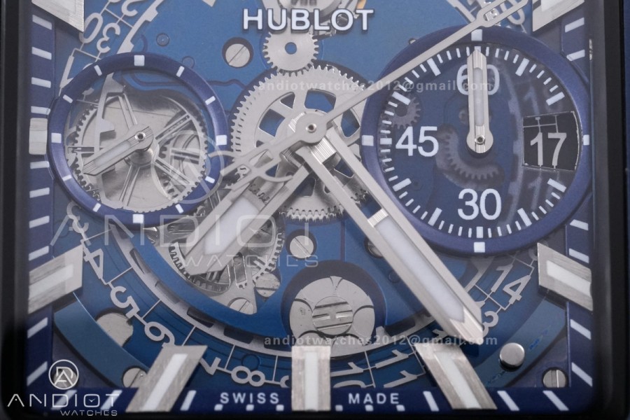 Square Bang Unico 42mm Titanium Blue Ceramic Bezel BBF 1:1 Best Edition Skeleton Dial on Blue Rubber Strap A1280