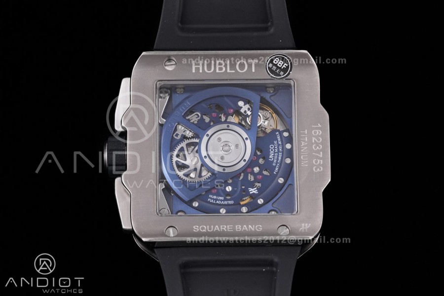 Square Bang Unico 42mm Titanium Blue Ceramic Bezel BBF 1:1 Best Edition Skeleton Dial on Blue Rubber Strap A1280