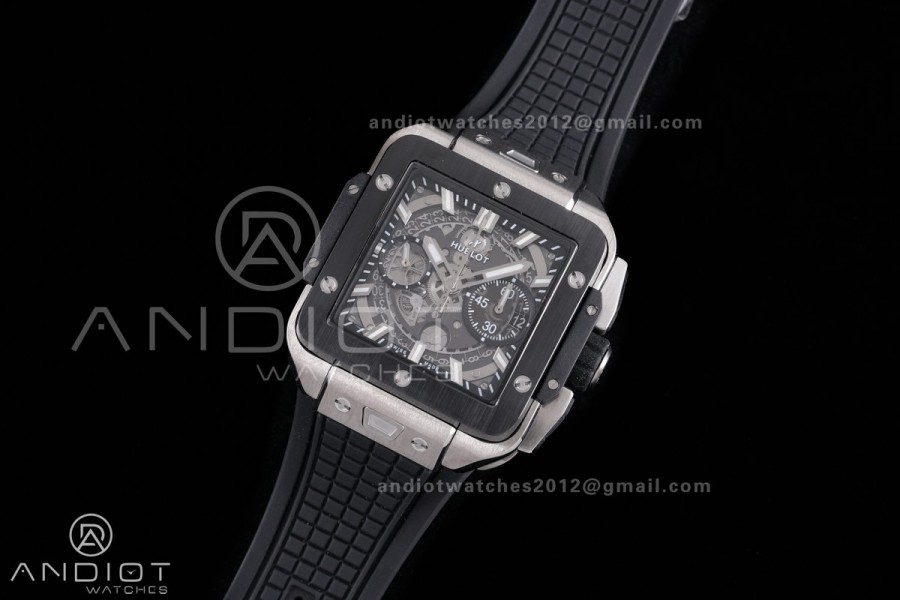 Square Bang Unico 42mm Titanium BBF 1:1 Best Edition Skeleton Dial Ceramic Bezel on Black Rubber Strap A1280