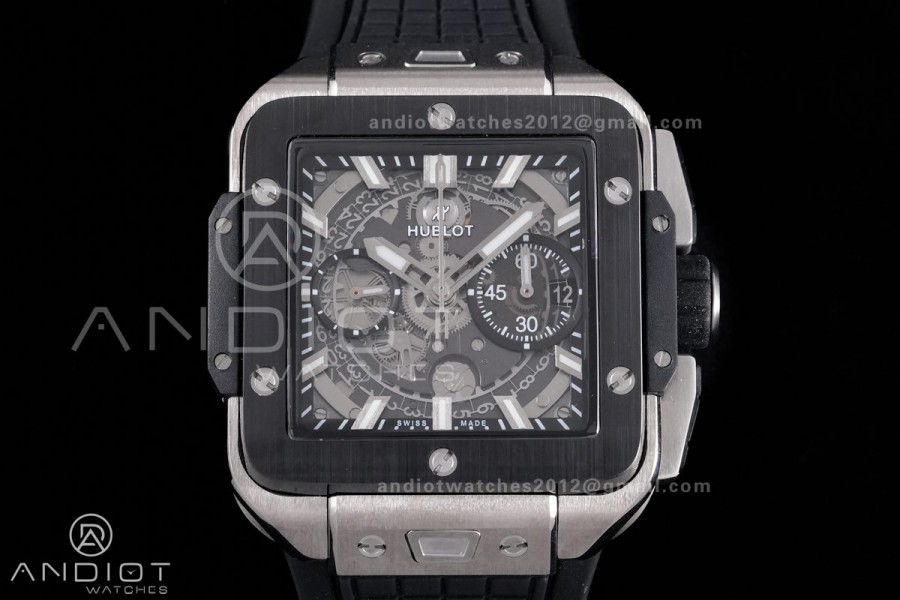 Square Bang Unico 42mm Titanium BBF 1:1 Best Edition Skeleton Dial Ceramic Bezel on Black Rubber Strap A1280