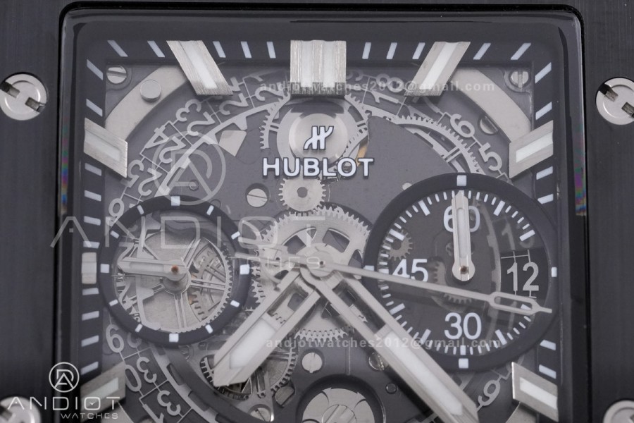 Square Bang Unico 42mm Titanium BBF 1:1 Best Edition Skeleton Dial Ceramic Bezel on Black Rubber Strap A1280