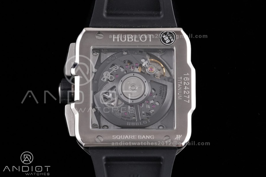 Square Bang Unico 42mm Titanium BBF 1:1 Best Edition Skeleton Dial Ceramic Bezel on Black Rubber Strap A1280