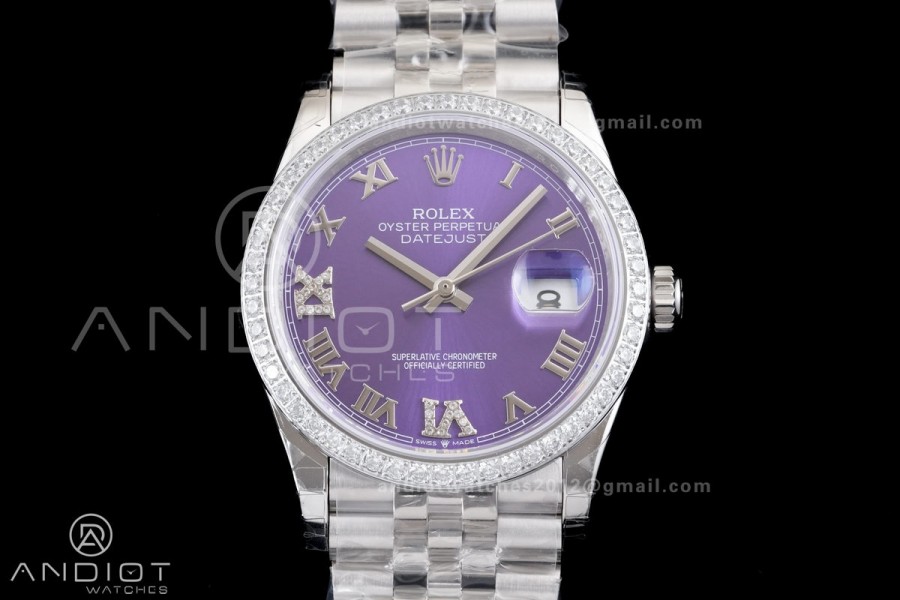 DateJust 36 126234 GSF 1:1 Best Edition Purple Diamonds Roman Dial Diamond Bezel on SS Jubilee Bracelet A3235