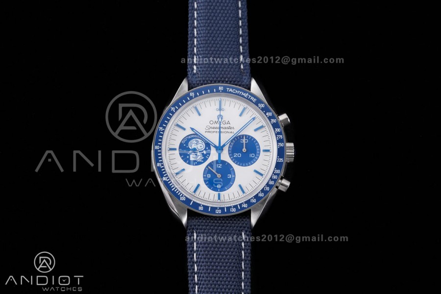 Speedmaster Professional Snoopy SS SMF 1:1 Best Edition Silver Dial Blue Marker On Blue Nylon Strap A3861(Free SS Bracelet)