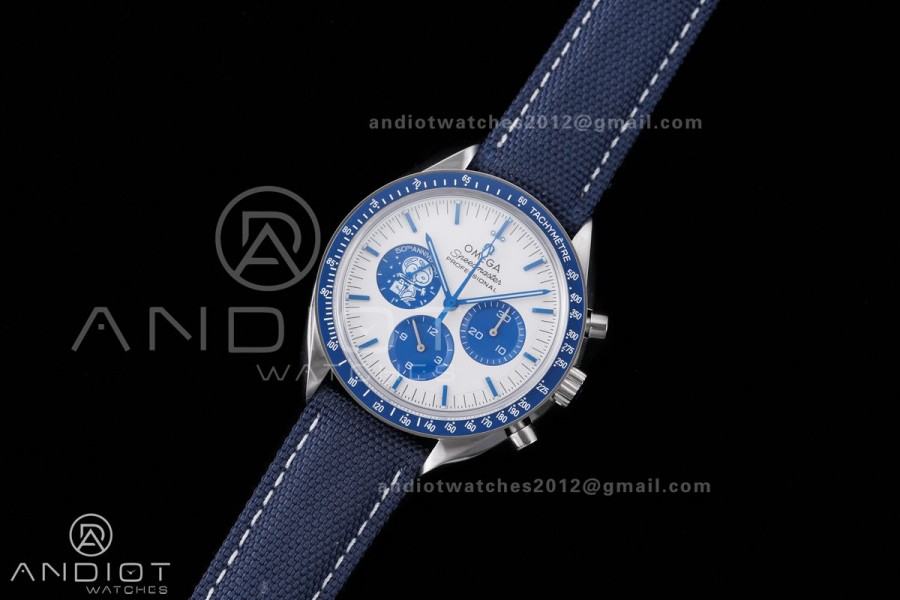 Speedmaster Professional Snoopy SS SMF 1:1 Best Edition Silver Dial Blue Marker On Blue Nylon Strap A3861(Free SS Bracelet)
