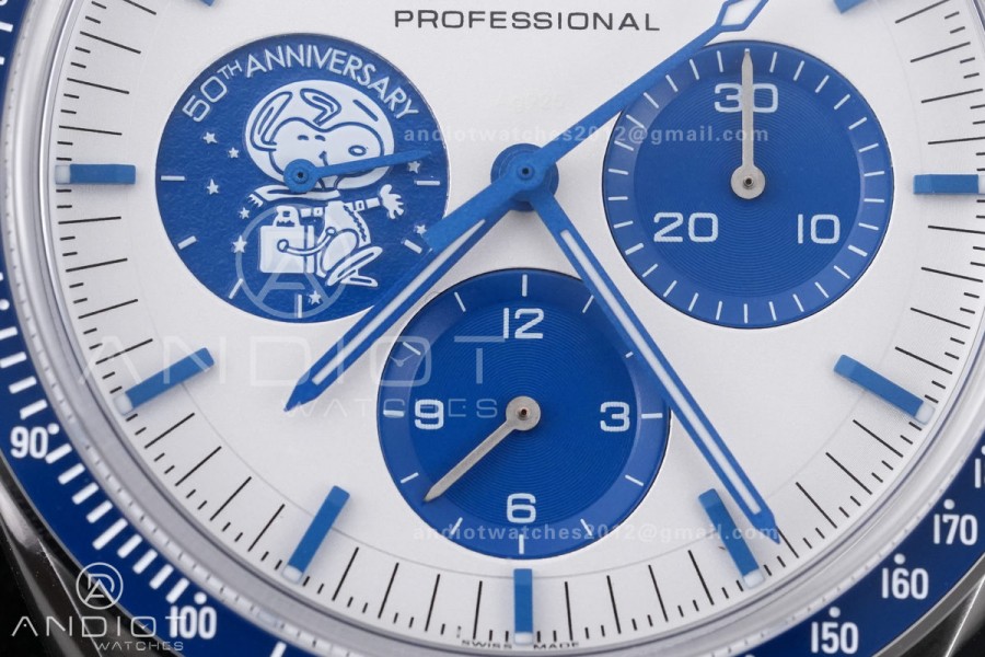 Speedmaster Professional Snoopy SS SMF 1:1 Best Edition Silver Dial Blue Marker On Blue Nylon Strap A3861(Free SS Bracelet)