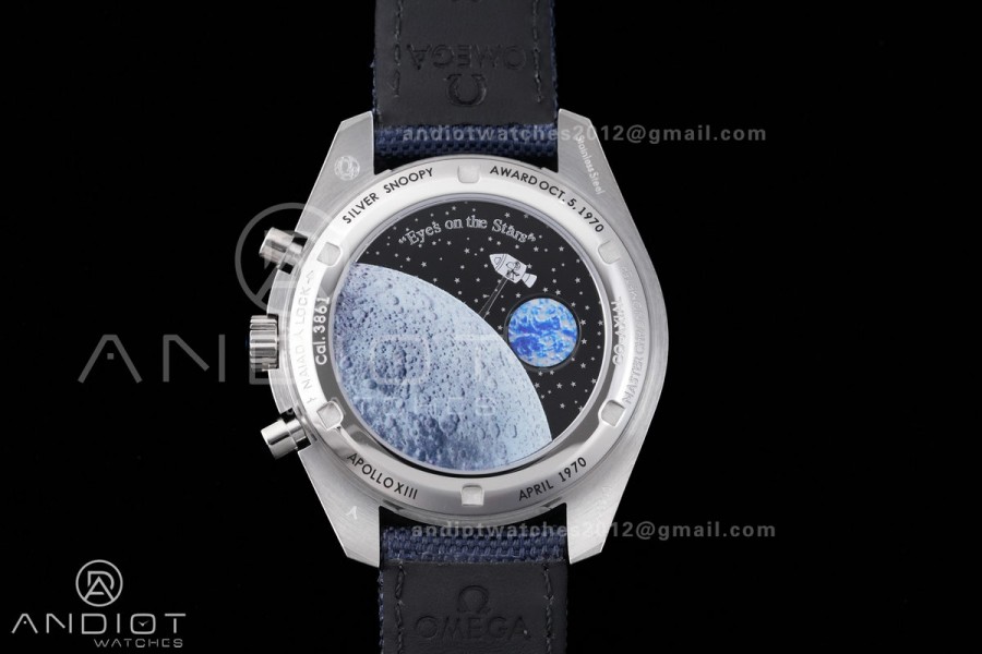 Speedmaster Professional Snoopy SS SMF 1:1 Best Edition Silver Dial Blue Marker On Blue Nylon Strap A3861(Free SS Bracelet)