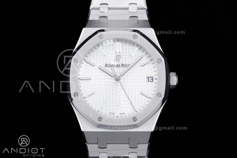 Royal Oak 41mm 15500 SS APSF 1:1 Best Edition White Textured Dial on SS Bracelet A4302 Super Clone