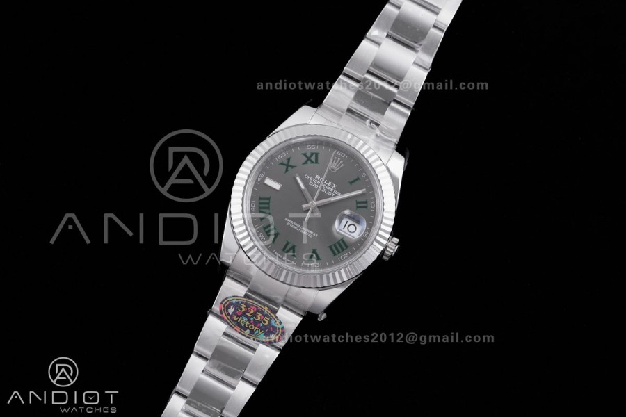 DateJust 41 126334 904L SS VF 1:1 Wimbledon Best Edition Gray Dial Green Roman on Oyster Bracelet DD3235