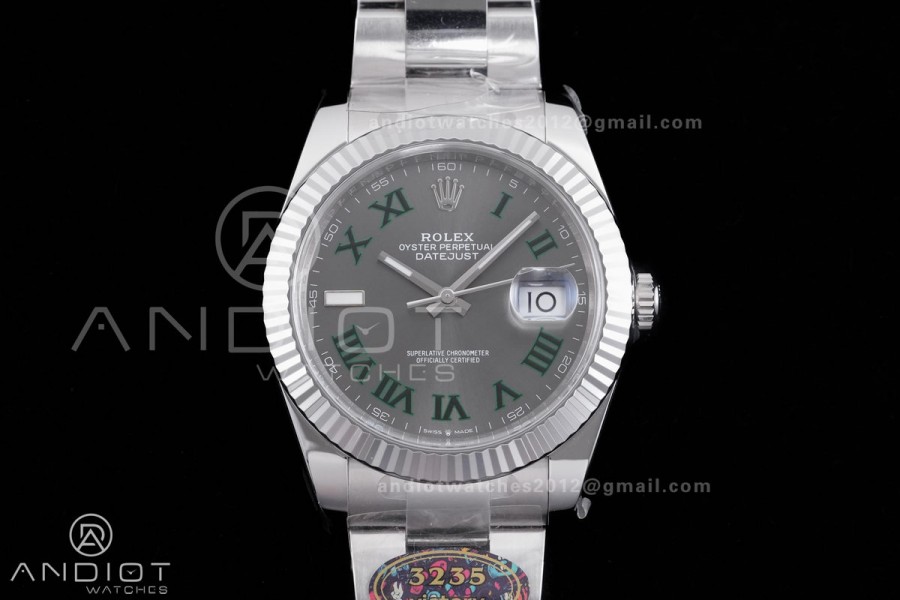 DateJust 41 126334 904L SS VF 1:1 Wimbledon Best Edition Gray Dial Green Roman on Oyster Bracelet DD3235