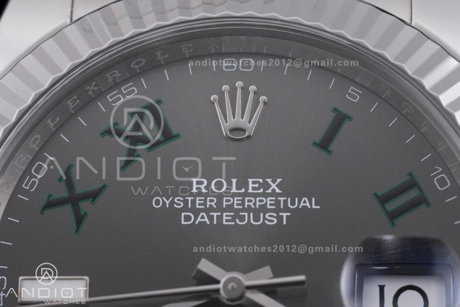 DateJust 41 126334 904L SS VF 1:1 Wimbledon Best Edition Gray Dial Green Roman on Oyster Bracelet DD3235