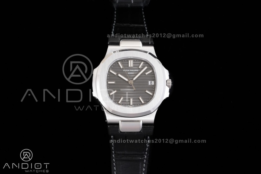 Nautilus 5711 SS DDF 1:1 Best Edition Gray Dial on Black Leather Strap DD324 Super Clone (Weighted)