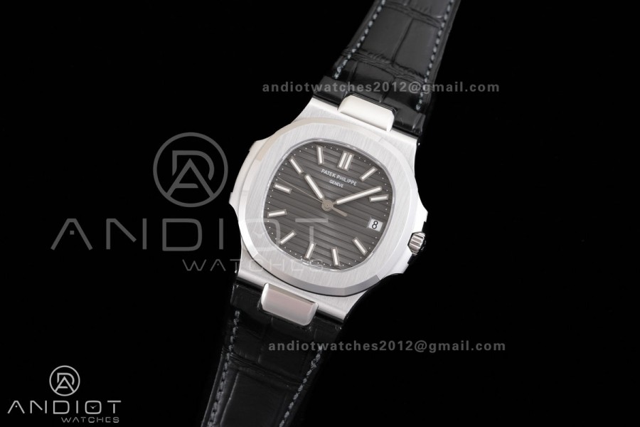 Nautilus 5711 SS DDF 1:1 Best Edition Gray Dial on Black Leather Strap DD324 Super Clone (Weighted)