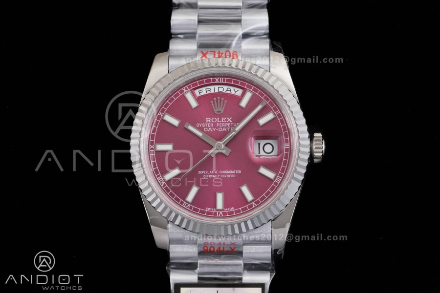Day Date 128239 Gain Weight QF 1:1 Best Edition Cherry Red Dial Stick Marker On President Bracelet VR3255