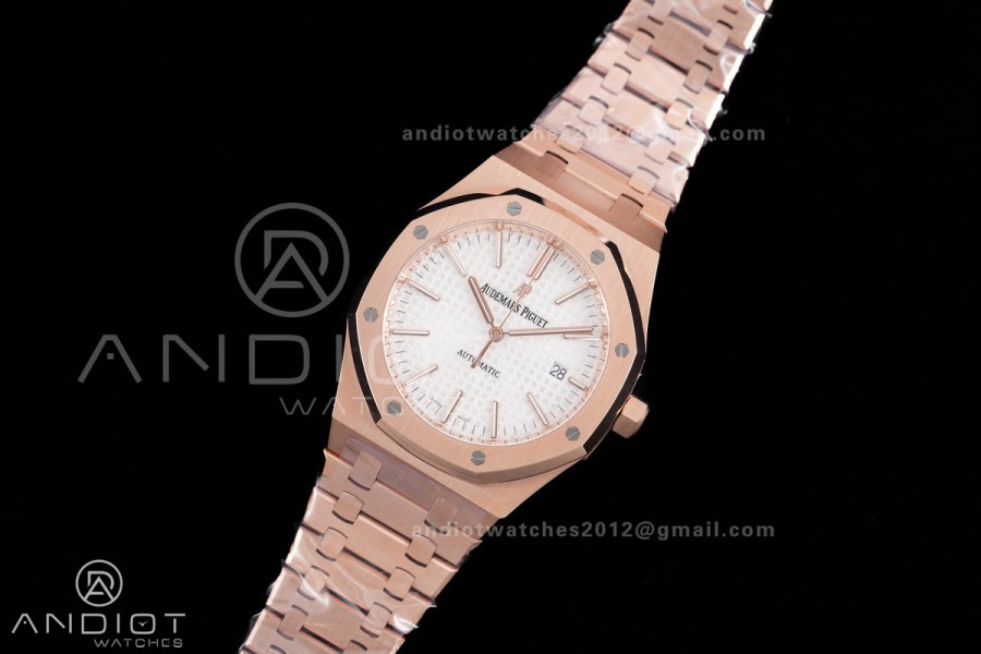 Royal Oak 41mm 15400 RG APSF 1:1 Best Edition White Textured Dial on RG Bracelet SA3120 Super Clone V3