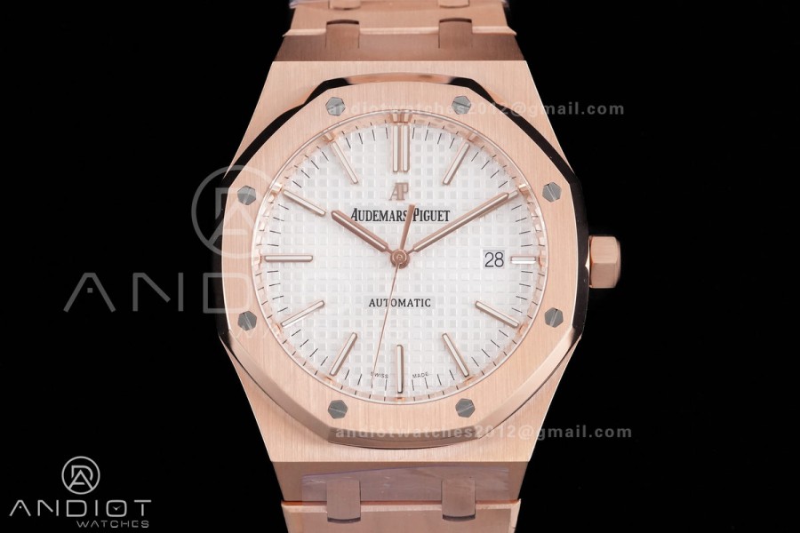 Royal Oak 41mm 15400 RG APSF 1:1 Best Edition White Textured Dial on RG Bracelet SA3120 Super Clone V3