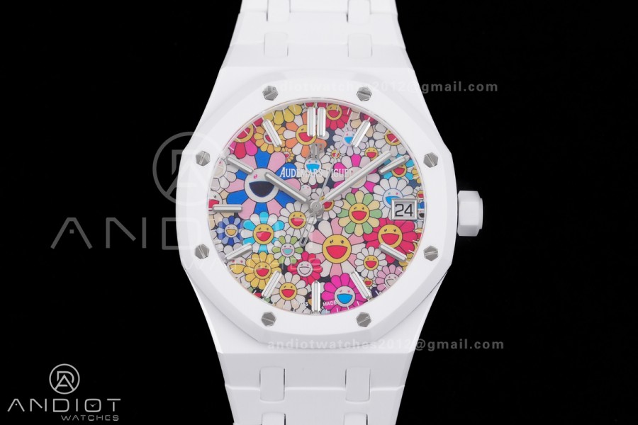 Royal Oak 15500 White Ceramic APSF 1:1 Best Edition Takashi Murakami SA4302 Super Clone