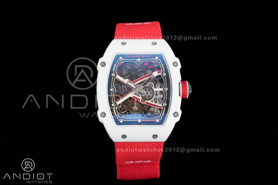 AVF RM67-02 White NTPT Spain Skeleton Dial on Red Elastic strap CRMA7 Clone