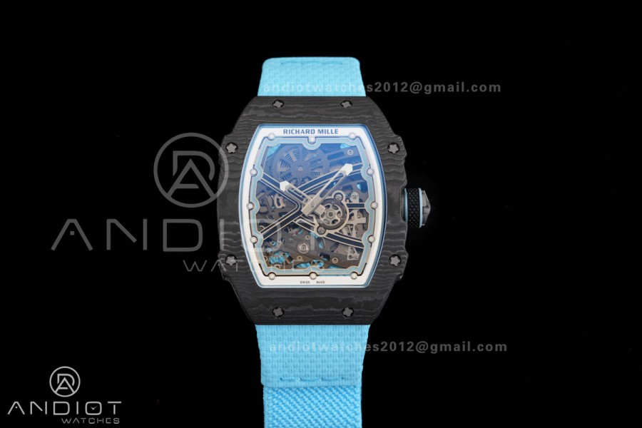 AVF RM67-02 Black NTPT Spain Skeleton Dial on light blue Elastic strap CRMA7 Clone