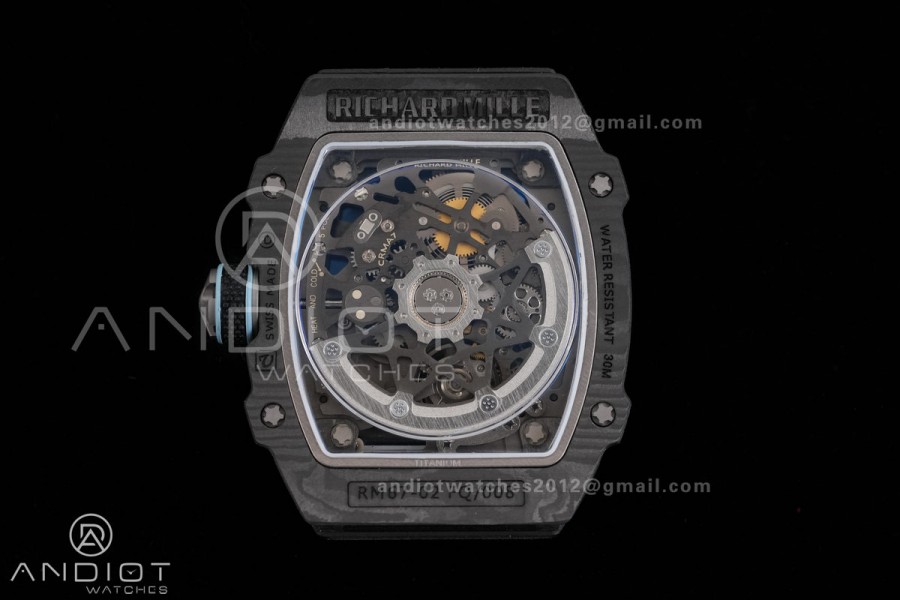 AVF RM67-02 Black NTPT Spain Skeleton Dial on light blue Elastic strap CRMA7 Clone